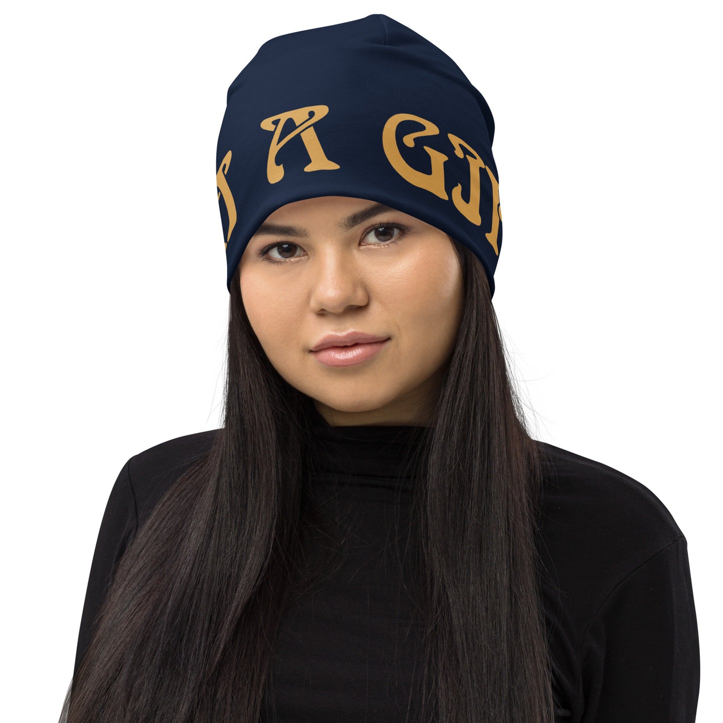 “I’AM A GIFT!”Navy All-Over Print Beanie W/Fawn Font