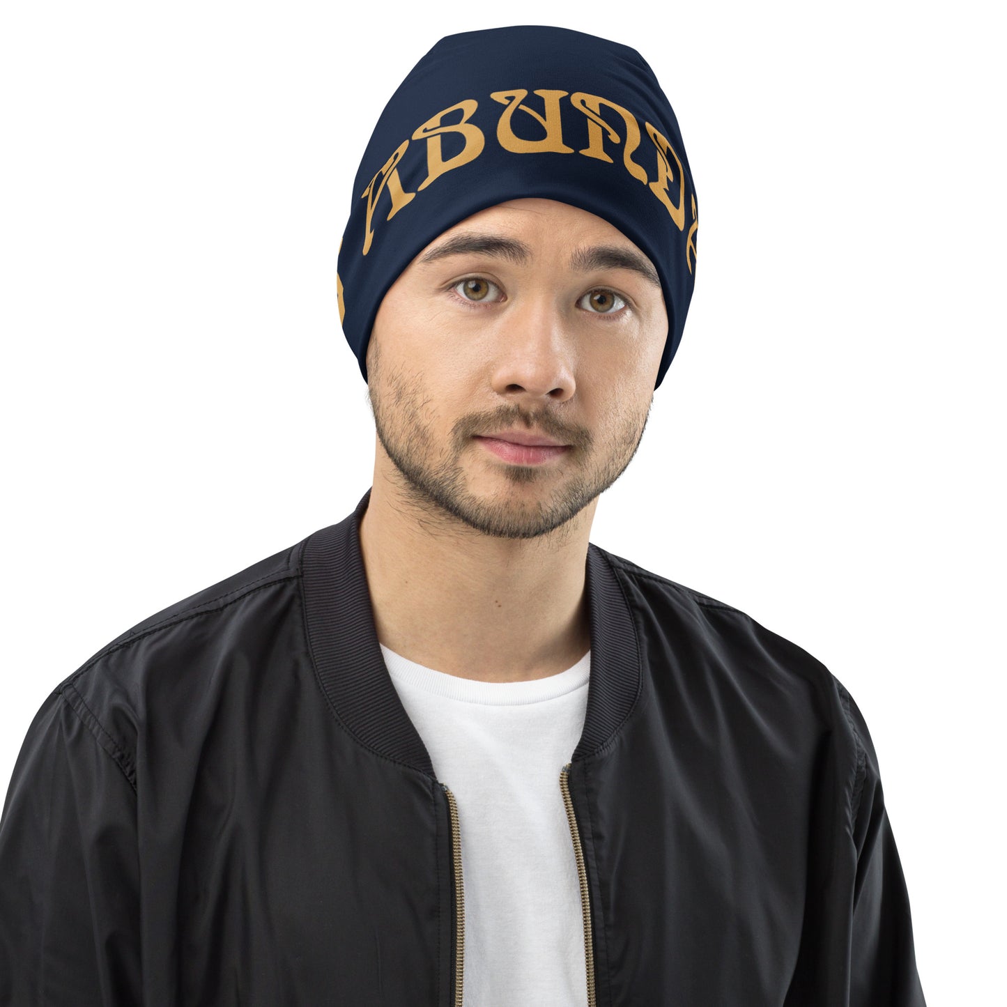 “I’AM ABUNDANCE!”Navy All-Over Print Beanie W/Fawn Font