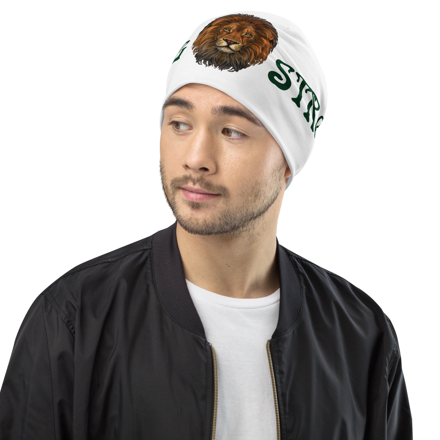 "STRONG"White Beanie W/Green Font