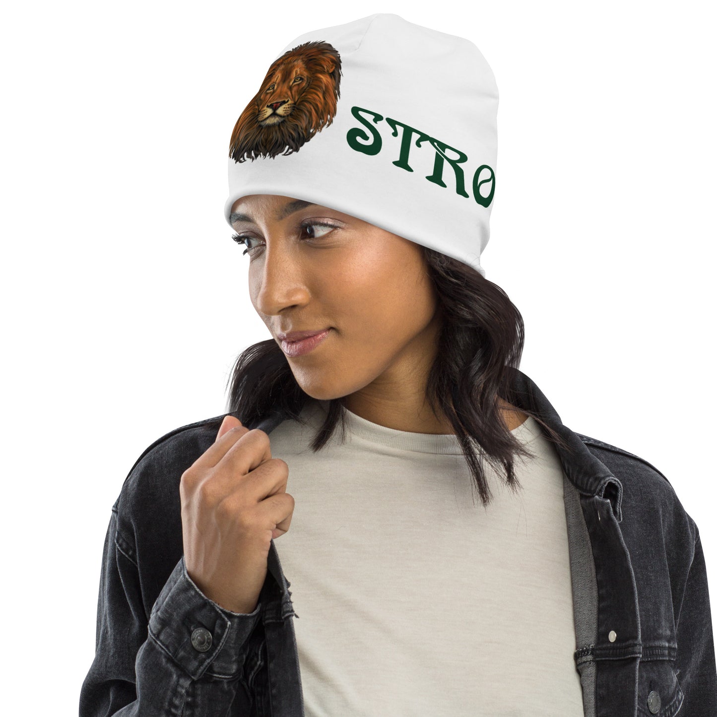 "STRONG"White Beanie W/Green Font