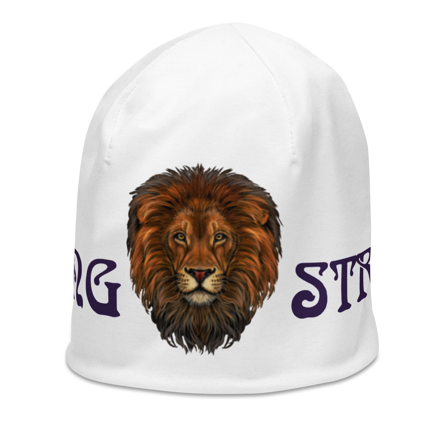 "STRONG"White Beanie W/Purple Font