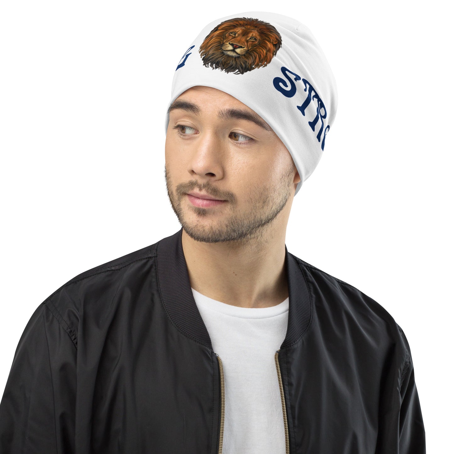 "STRONG"White Beanie W/Navy Blue Font