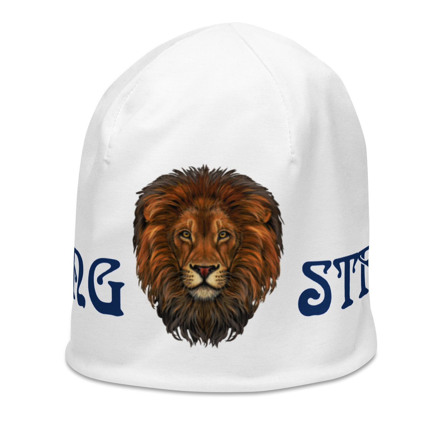 "STRONG"White Beanie W/Navy Blue Font