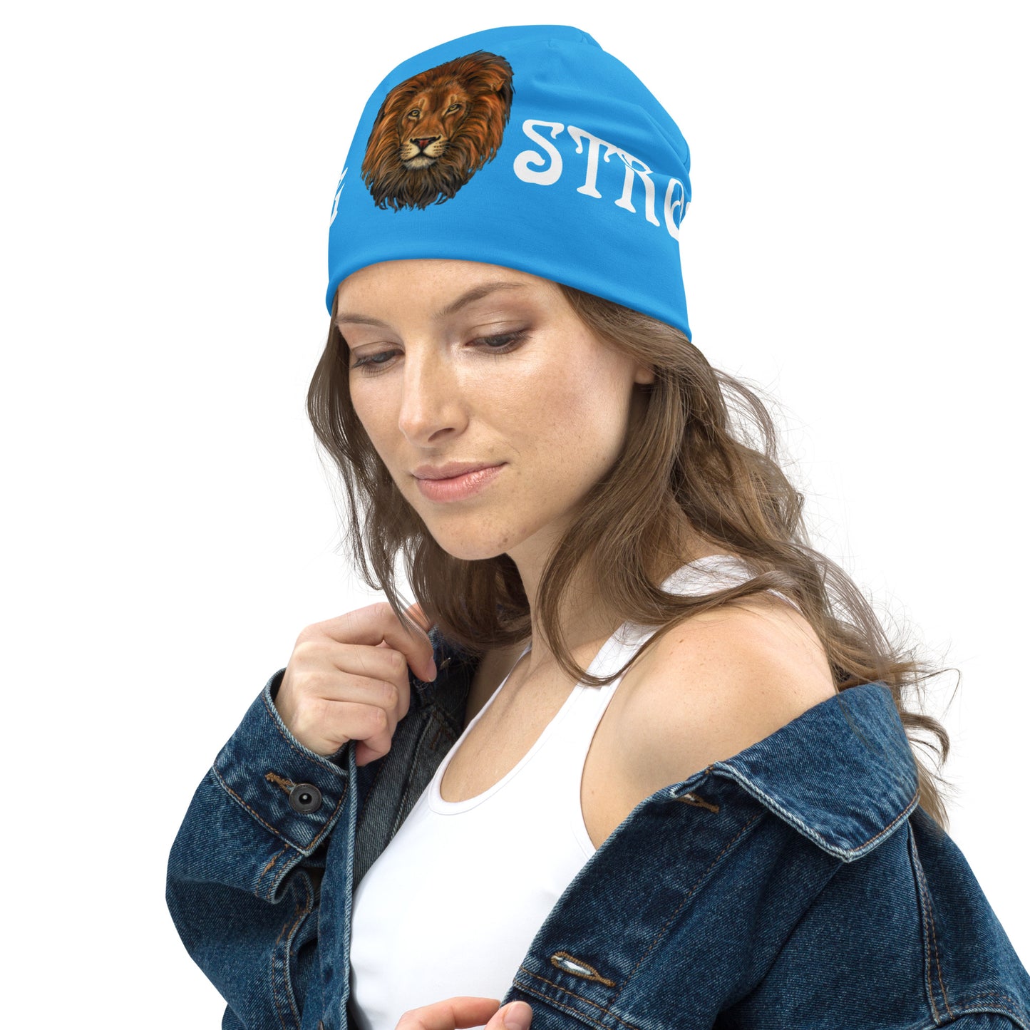 “STRONG”SkyBlue All-Over Print Beanie W/White Font
