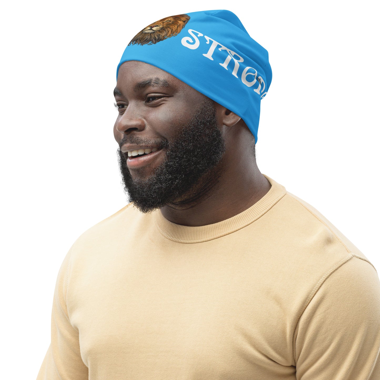 “STRONG”SkyBlue All-Over Print Beanie W/White Font