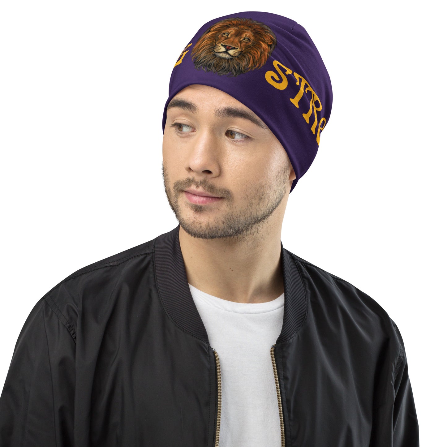 “STRONG”Purple All-Over Print Beanie W/Yellow Font
