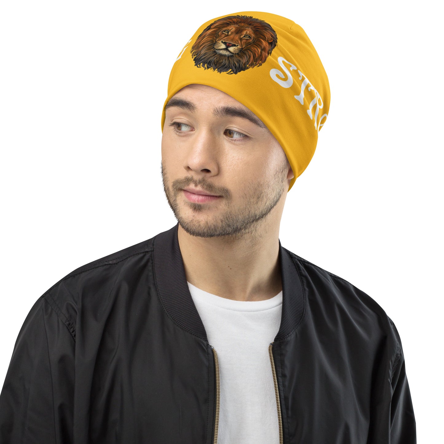 “STRONG”Yellow All-Over Print Beanie W/White Font