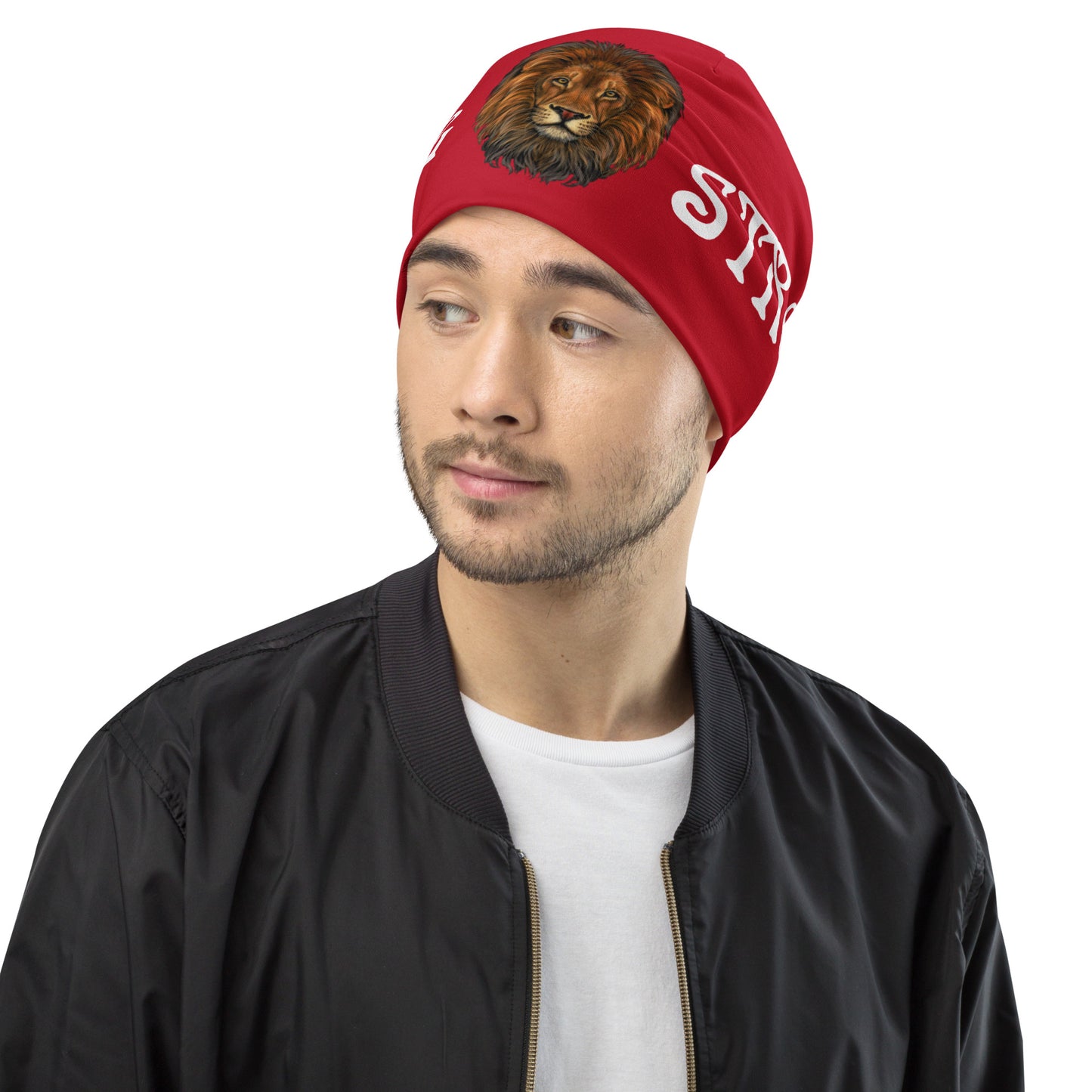 “STRONG"All-Over Print Red Beanie W/White Font