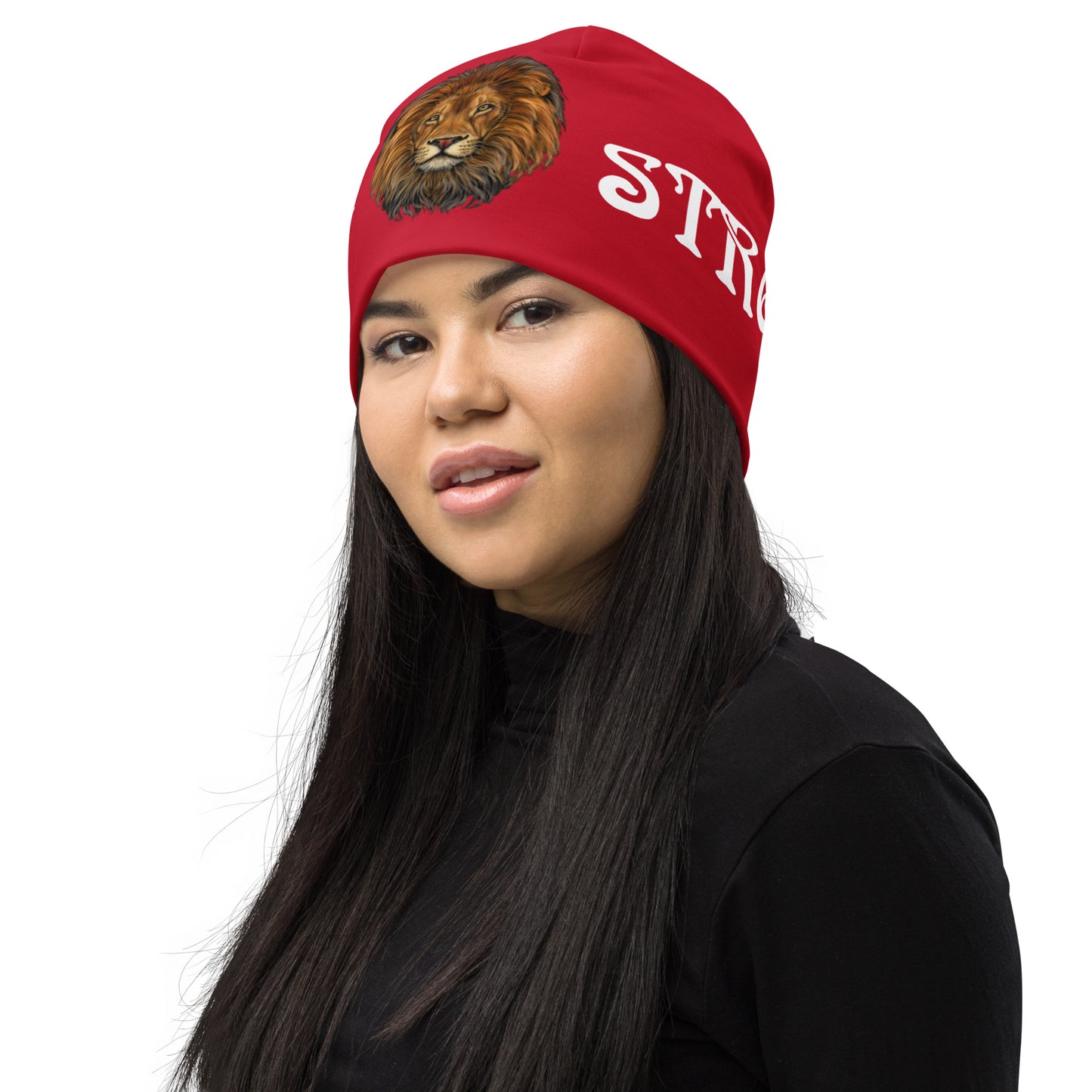 “STRONG"All-Over Print Red Beanie W/White Font