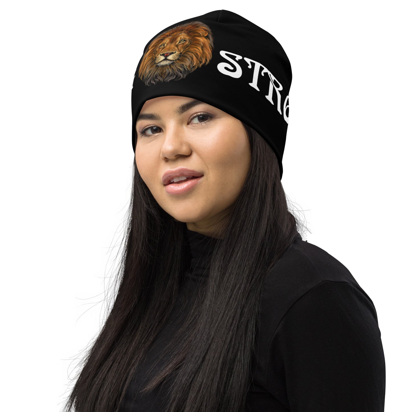 “STRONG”Black All-Over Print Beanie W/White Font