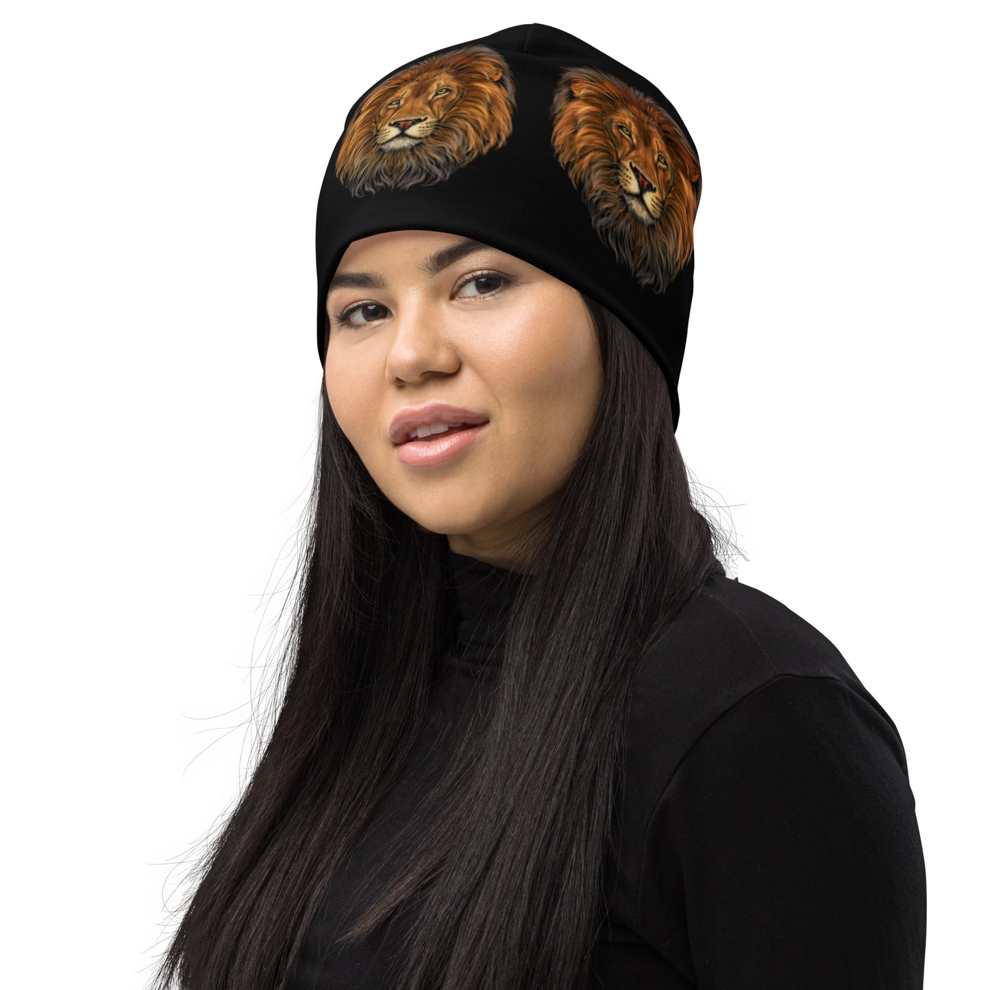 “Lion”Black Pattern All-Over Print Beanie