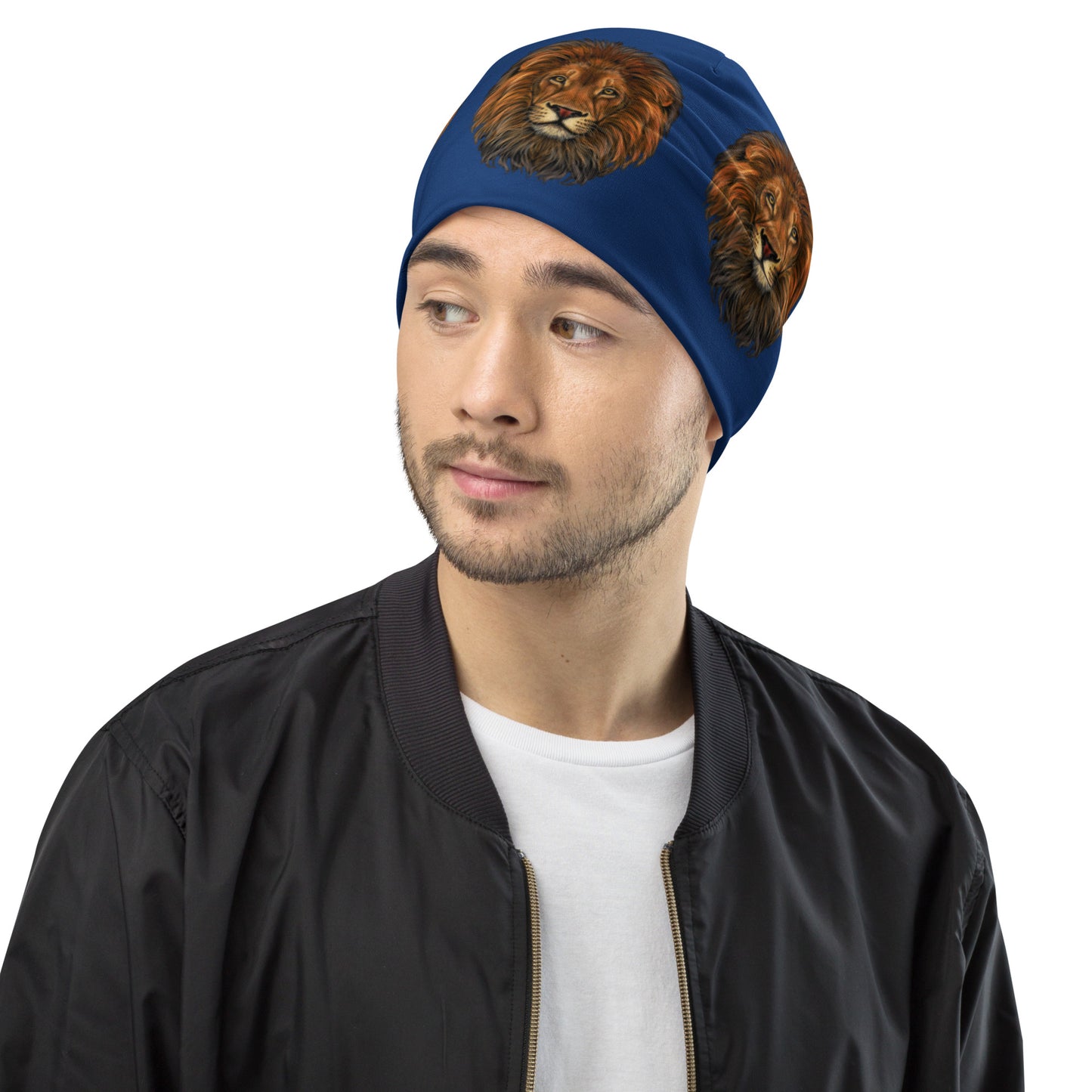 “Lion"Navy Blue Pattern All-Over Print Beanie