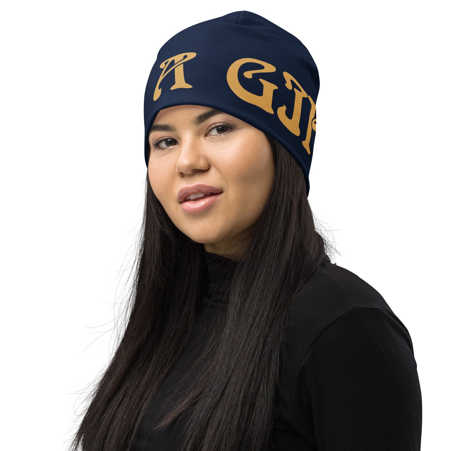 “I’AM A GIFT!”Navy All-Over Print Beanie W/Fawn Font
