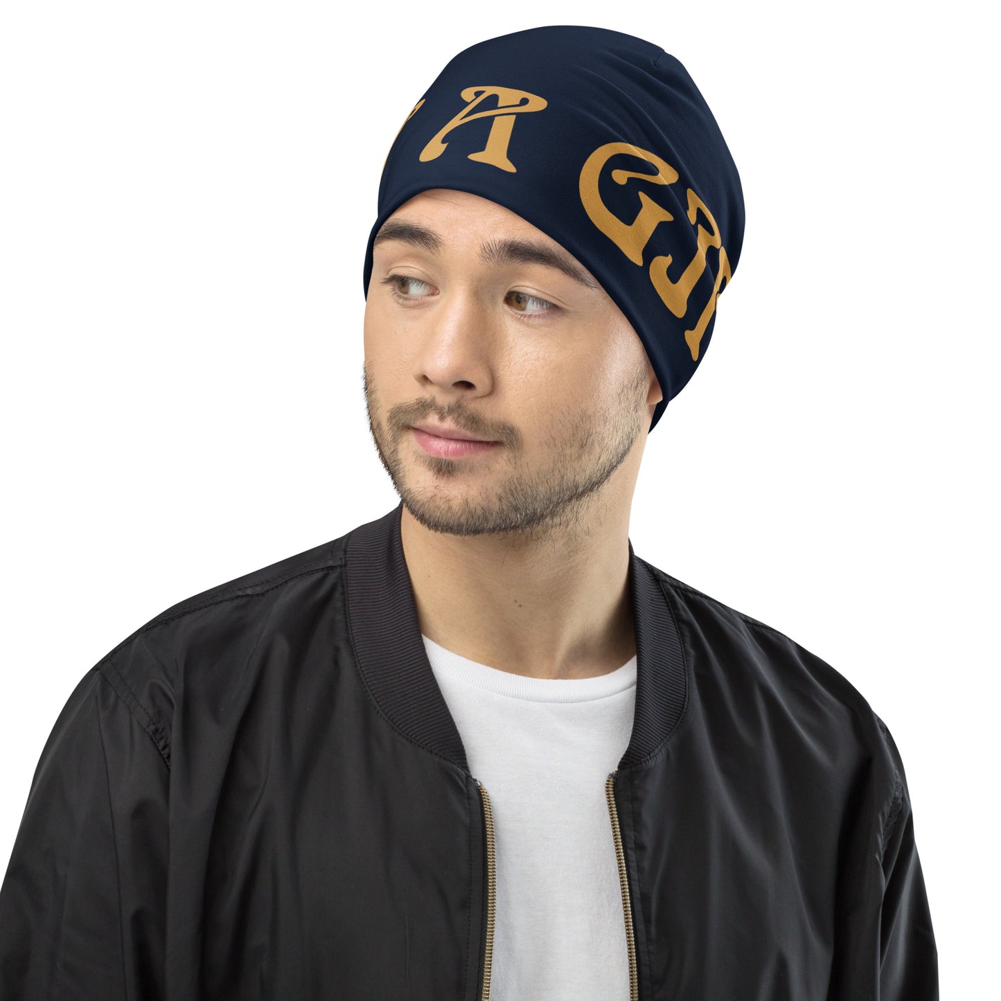 “I’AM A GIFT!”Navy All-Over Print Beanie W/Fawn Font