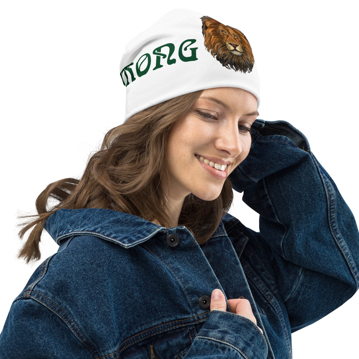 'STRONG"White Beanie W/Green Font