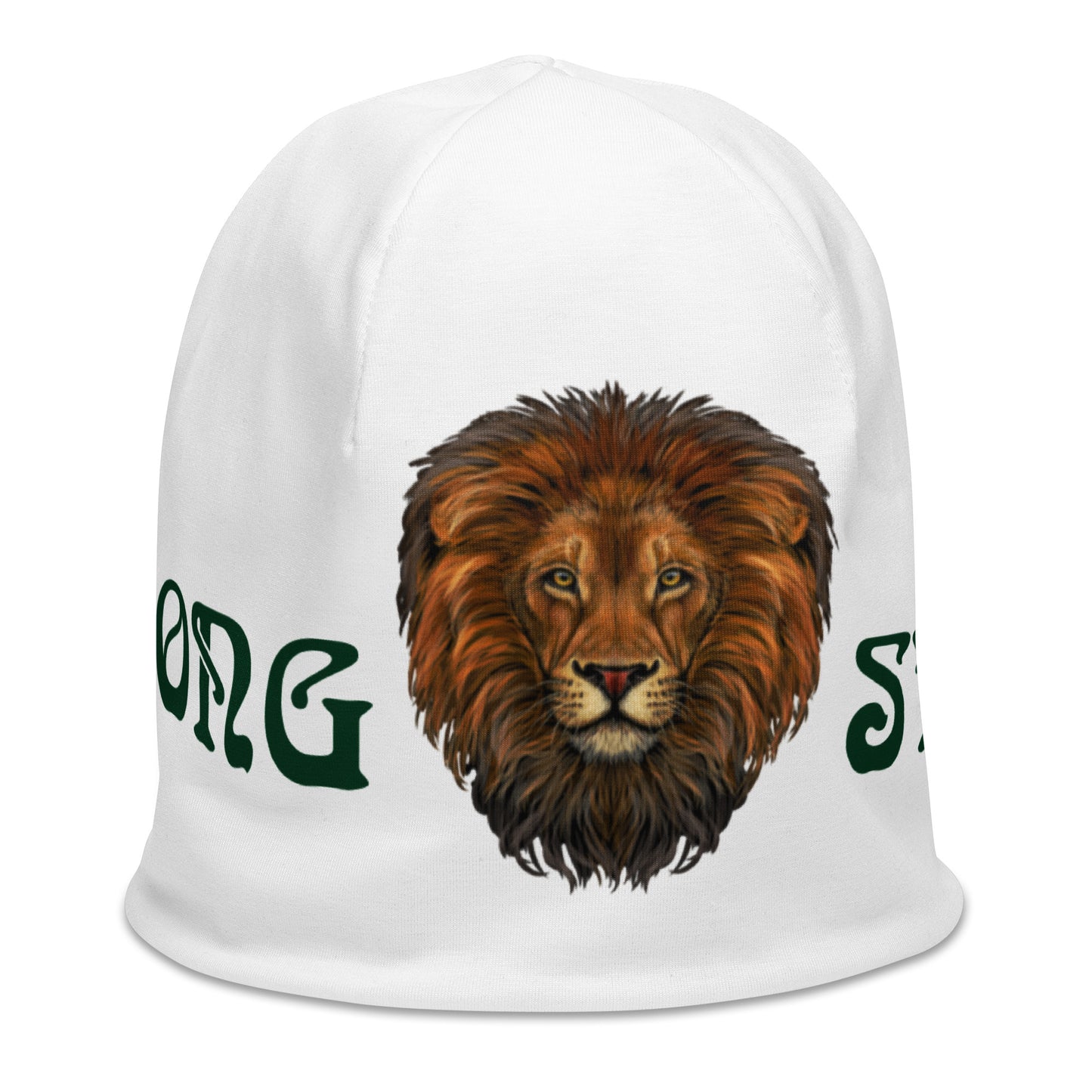 'STRONG"White Beanie W/Green Font