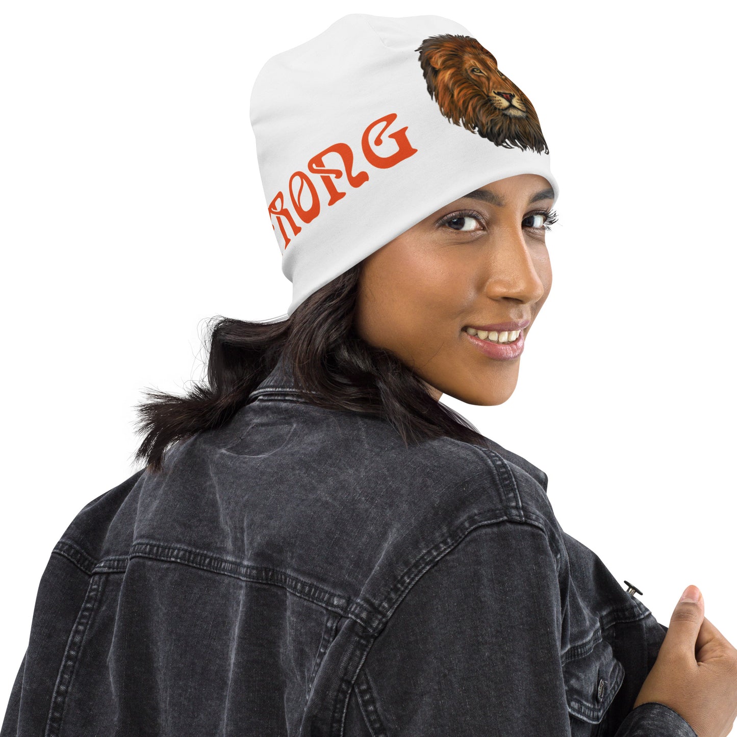 "STRONG"White Beanie W/Orange Font