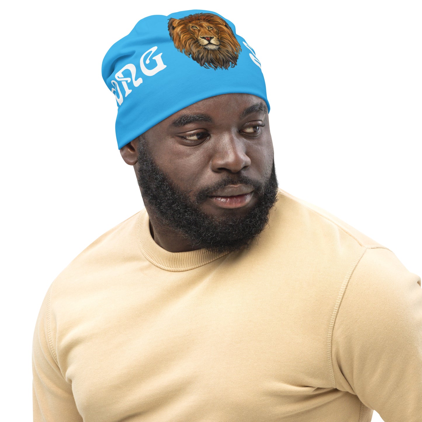 “STRONG”SkyBlue All-Over Print Beanie W/White Font