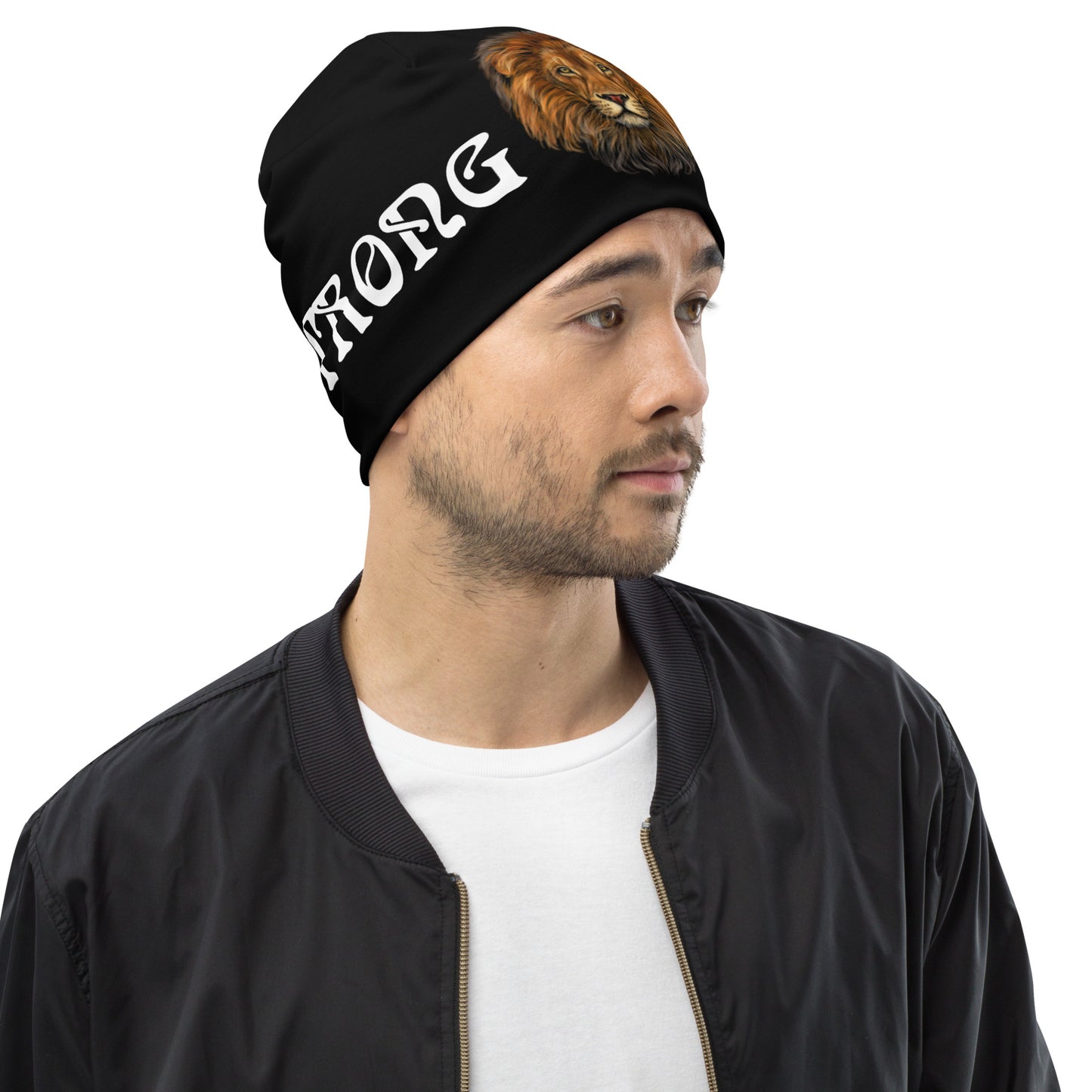 “STRONG”Black All-Over Print Beanie W/White Font