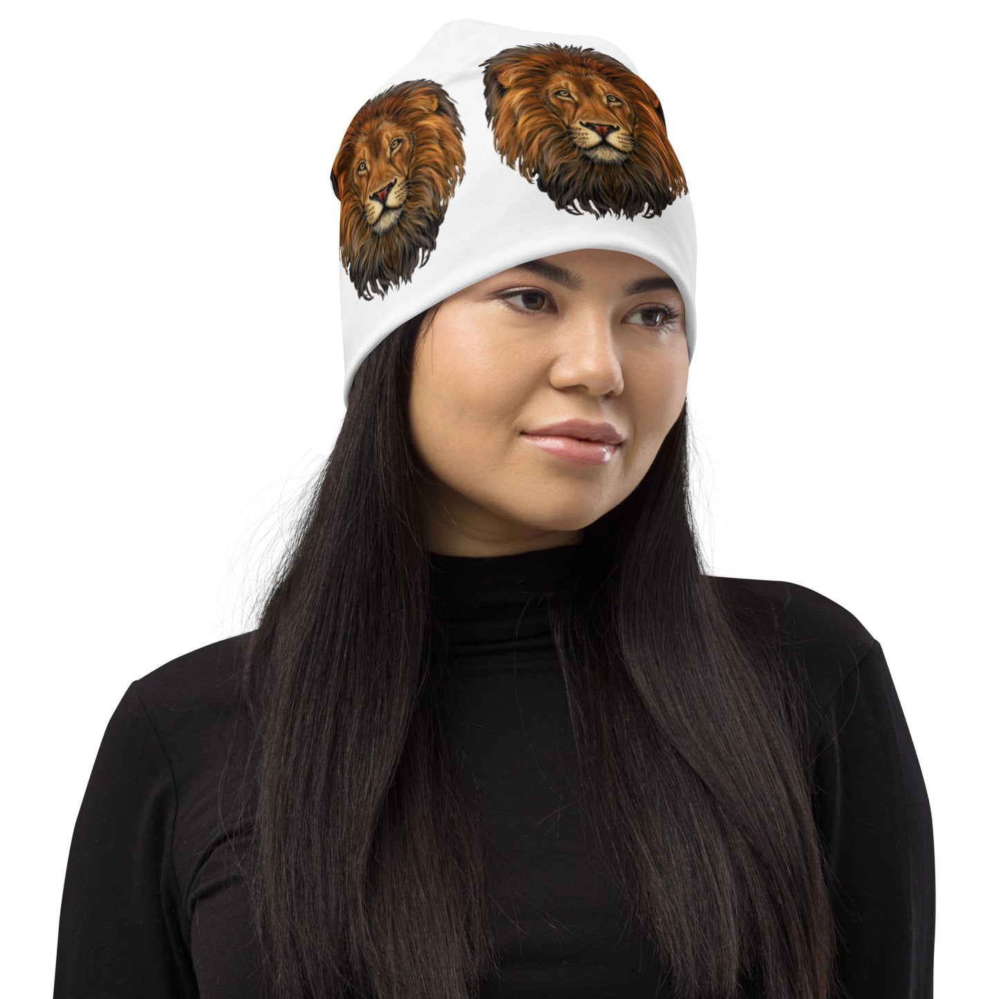 “Lion”White Pattern All-Over Print Beanie