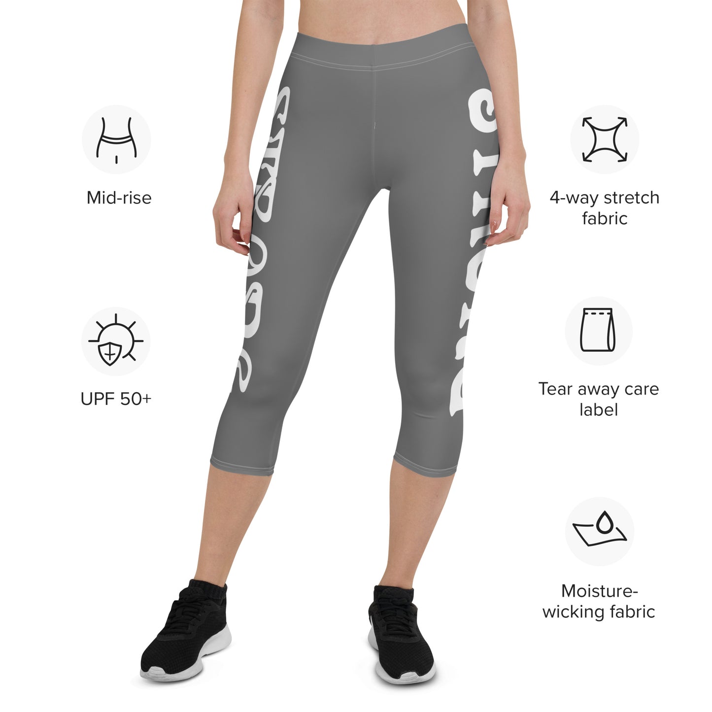 “STRONG”Grey Capri Leggings W/White Font