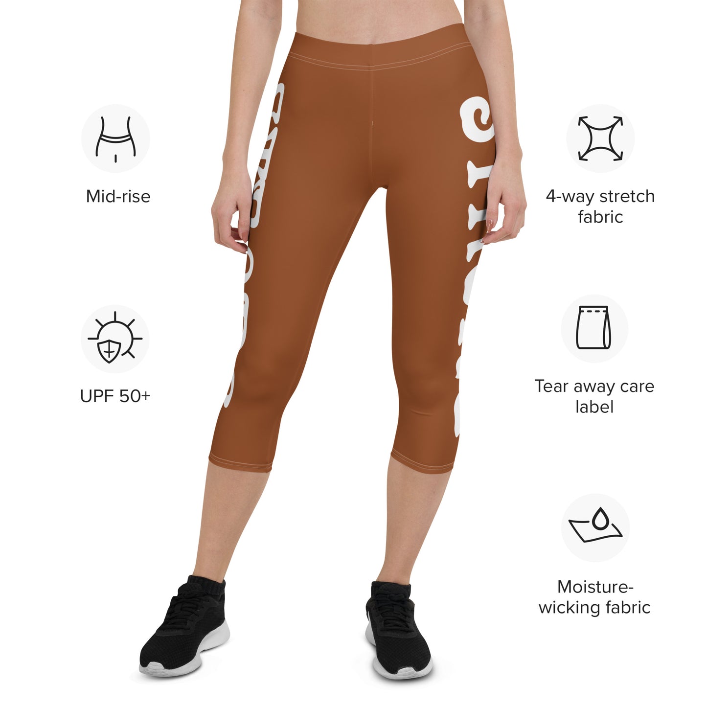 “STRONG” Brown Capri Leggings W/White Font