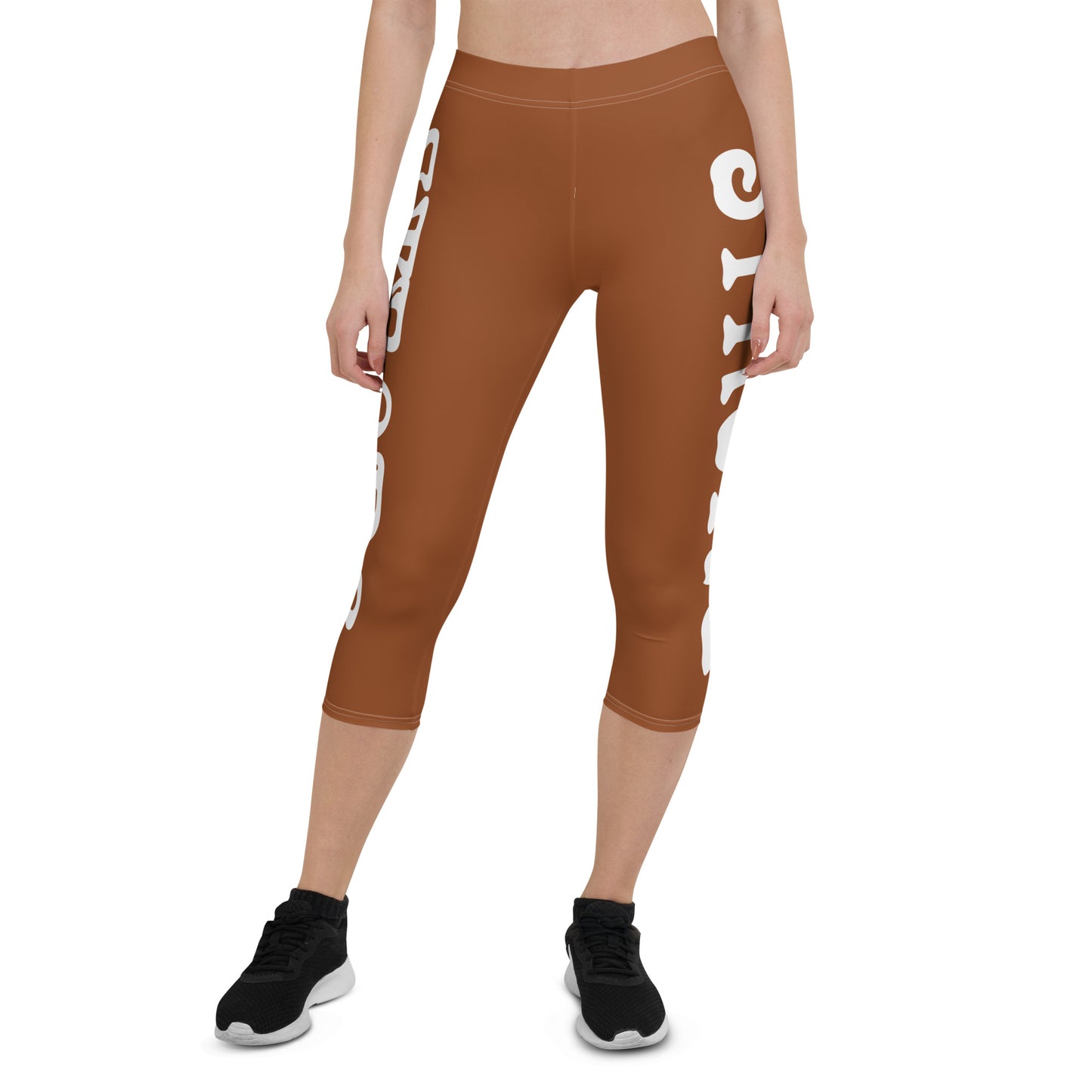 “STRONG” Brown Capri Leggings W/White Font