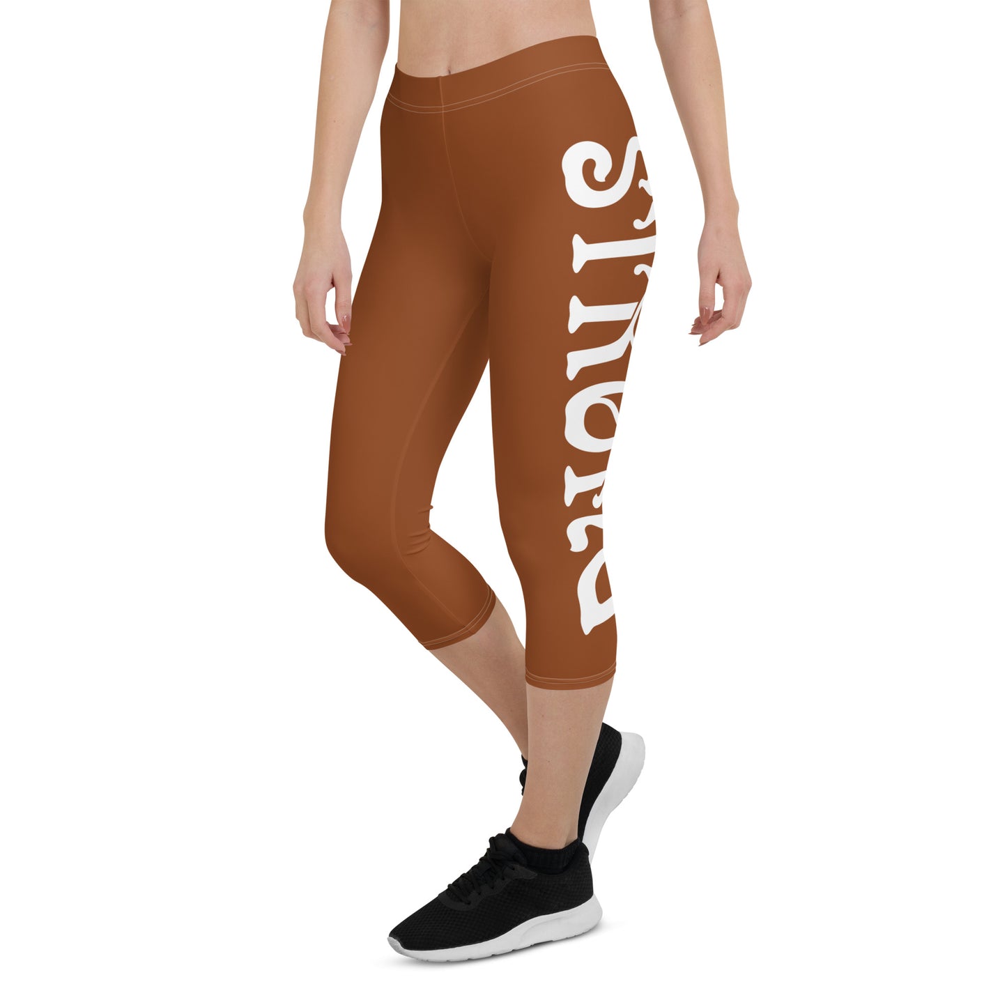 “STRONG” Brown Capri Leggings W/White Font