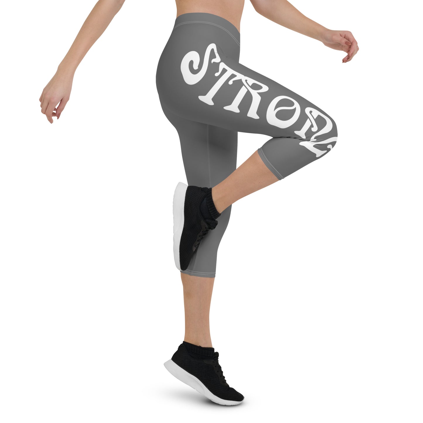 “STRONG”Grey Capri Leggings W/White Font