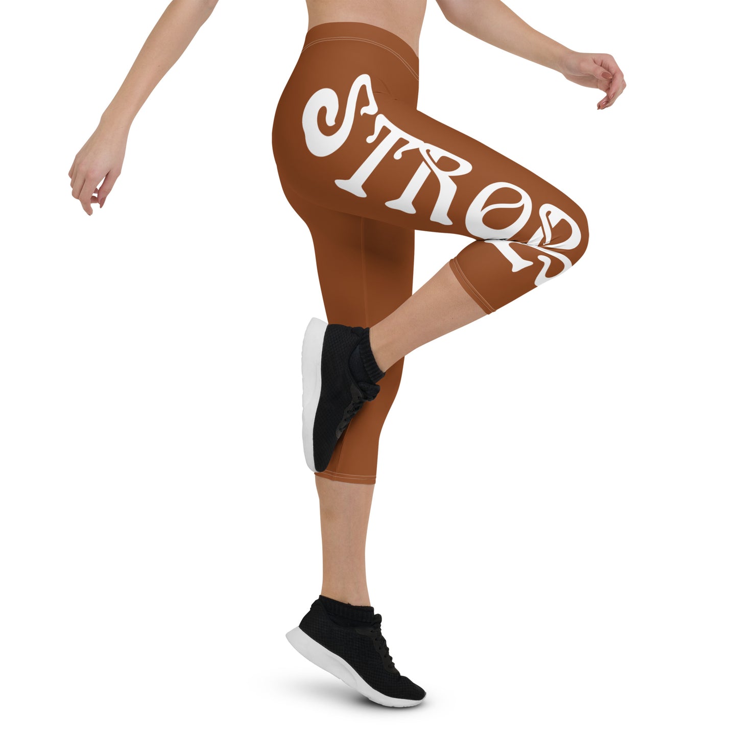 “STRONG” Brown Capri Leggings W/White Font