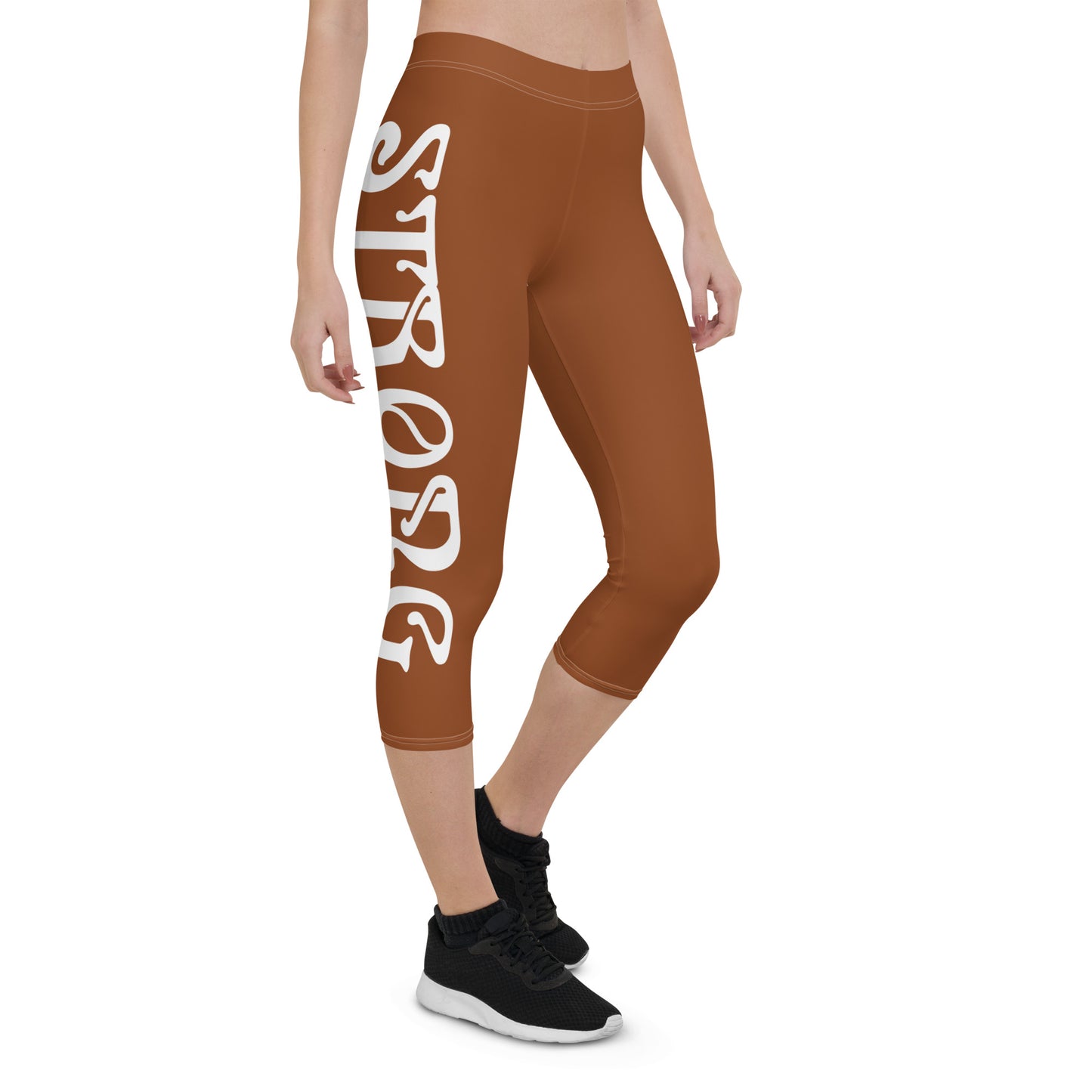 “STRONG” Brown Capri Leggings W/White Font