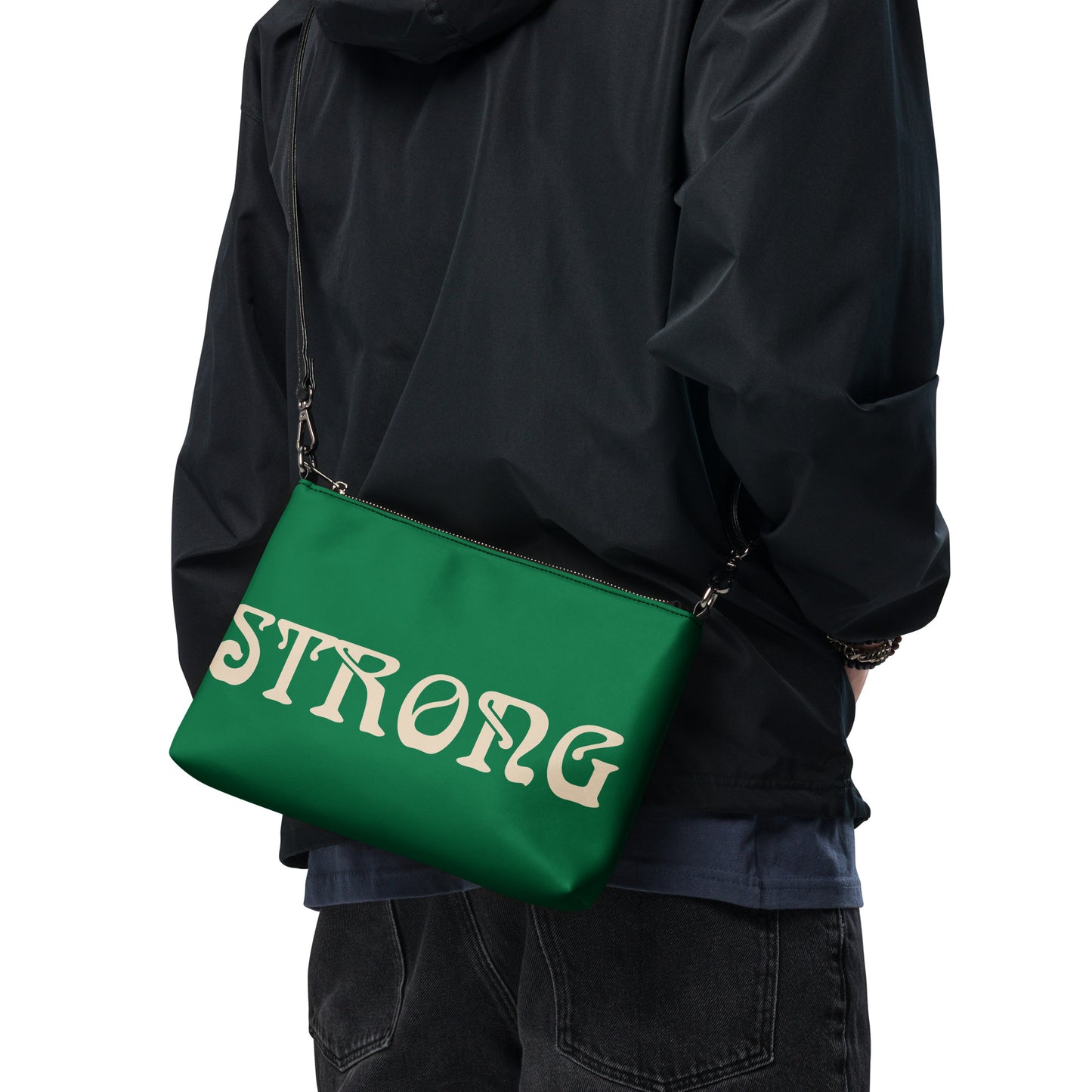 “STRONG”Green Crossbody Bag W/Champagne Font