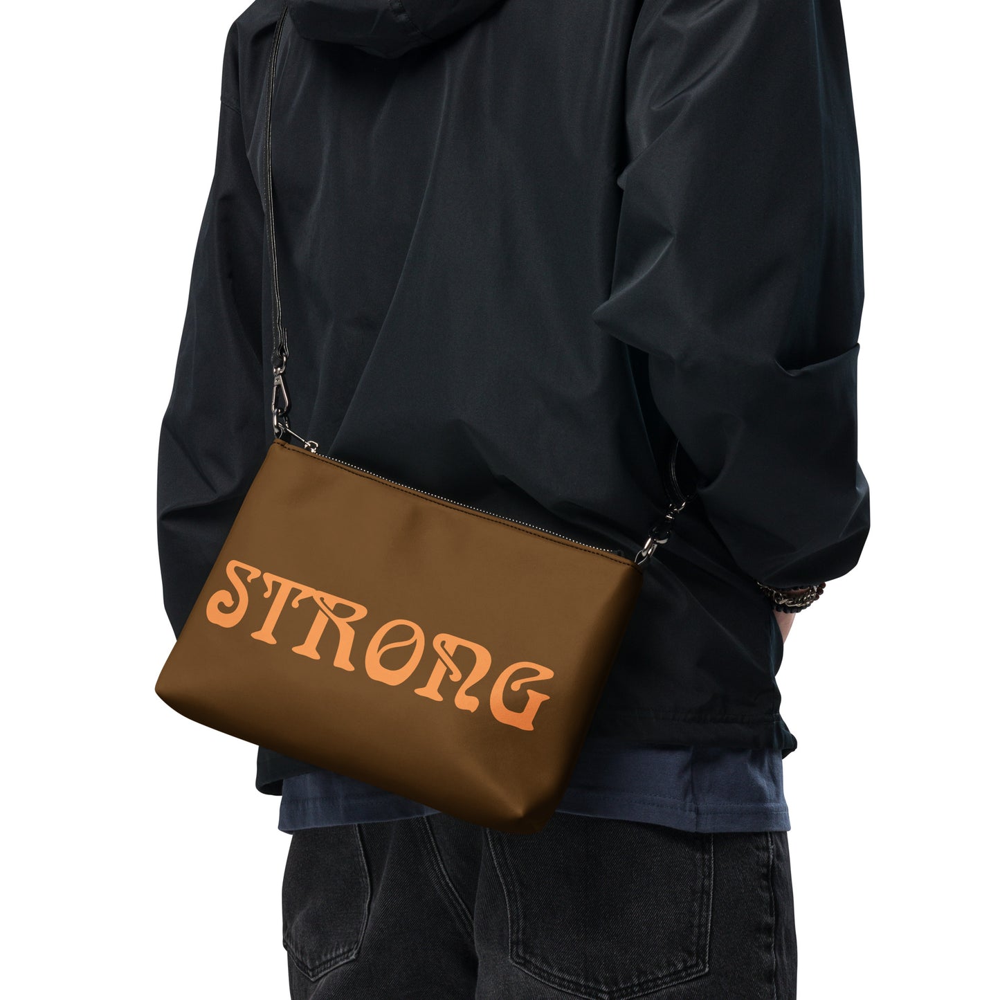 “STRONG”Brown Crossbody Bag W/Orange Font