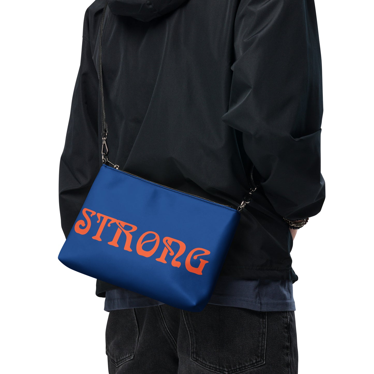 “STRONG”Blue Crossbody Bag W/Orange Font