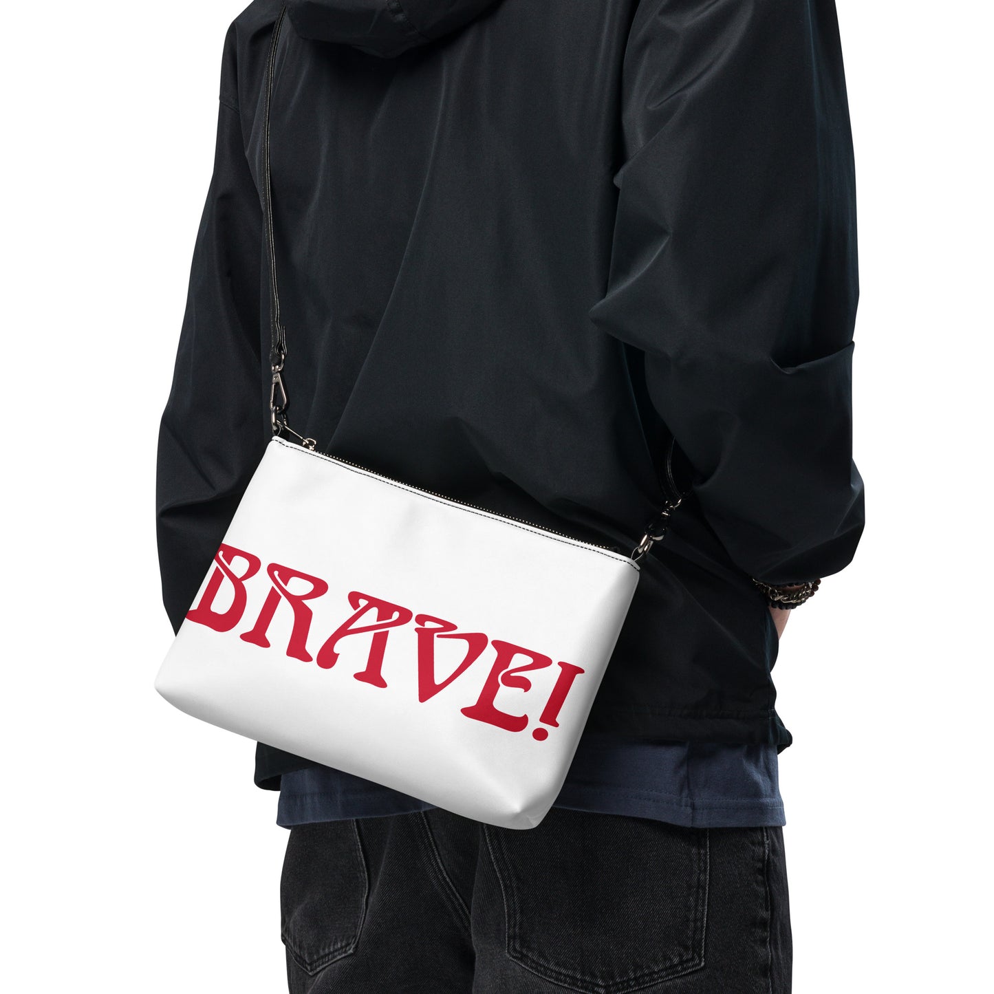 “BRAVE!”White Crossbody Bag W/Red Font
