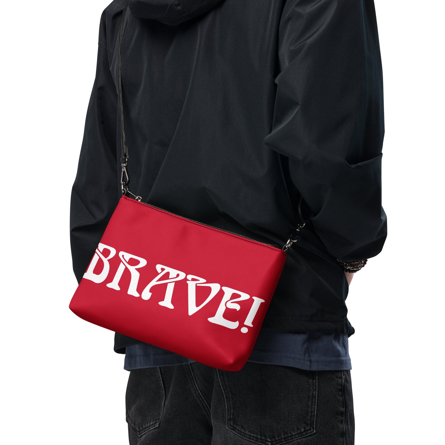 “BRAVE!”Red Crossbody Bag W/White Font
