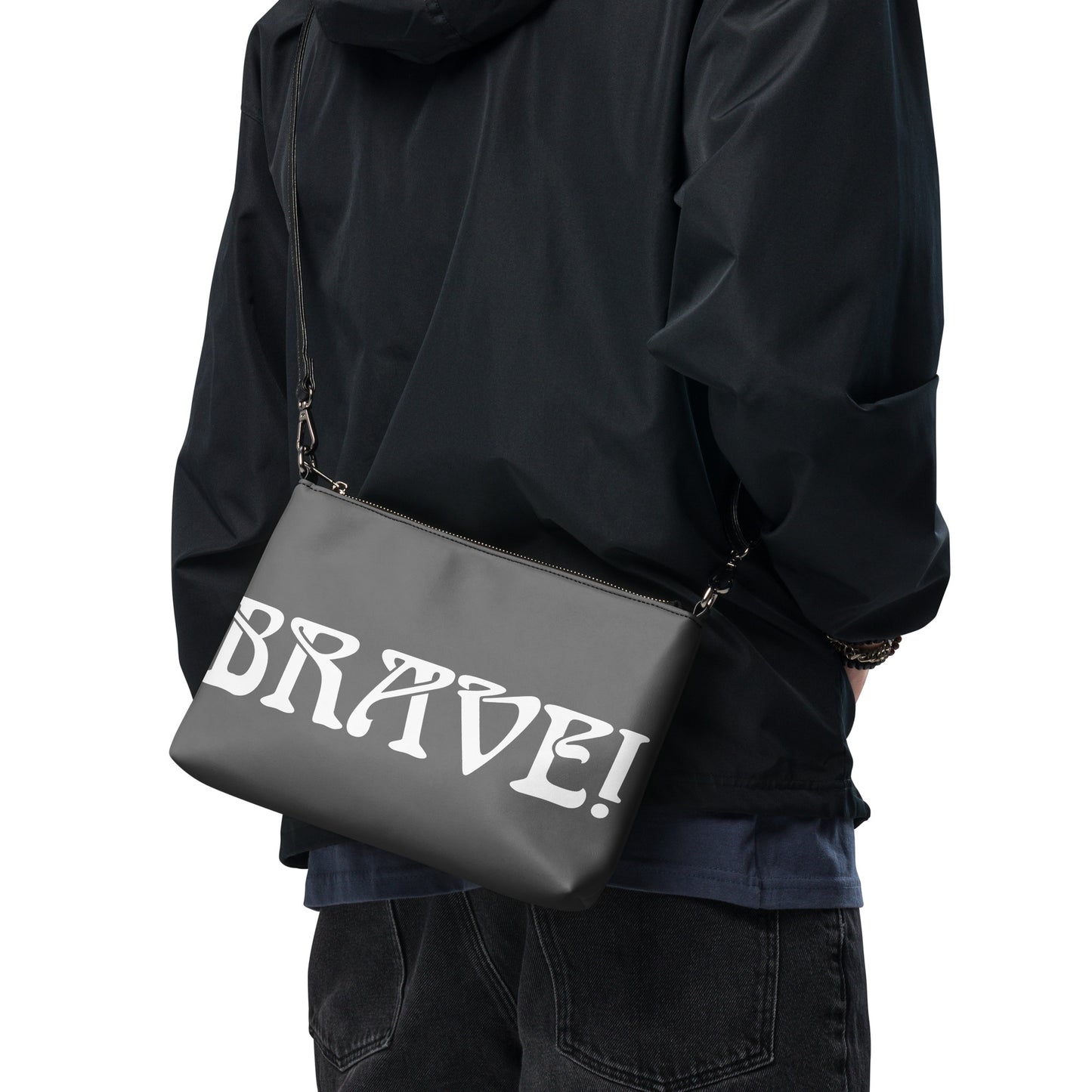 “BRAVE!”Grey Crossbody Bag W/White Font