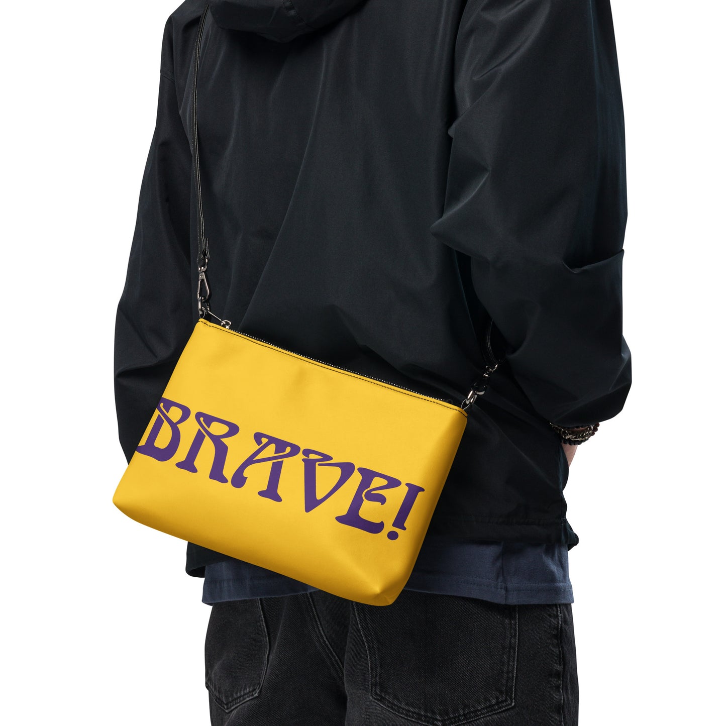 “BRAVE!”Yellow Crossbody Bag W/ Purple Font