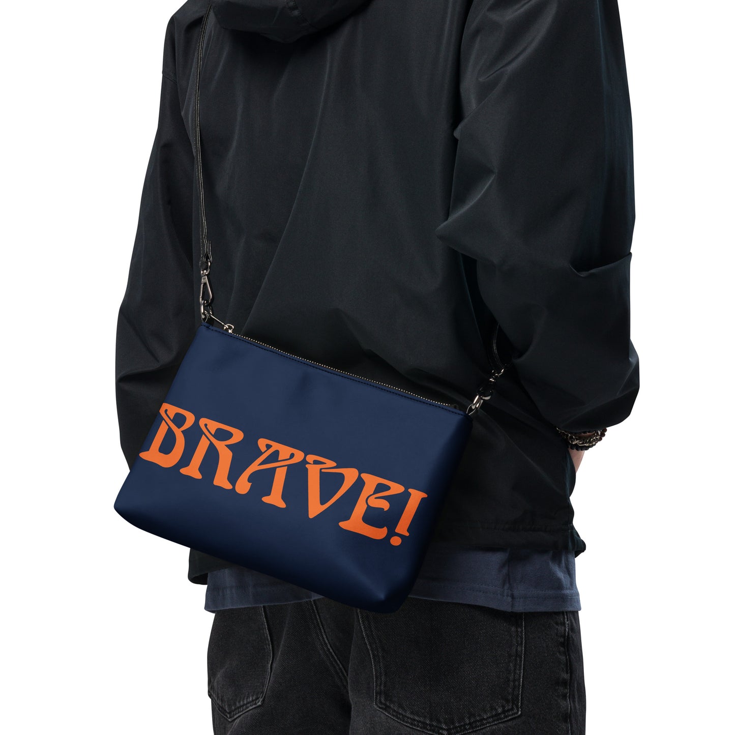 “BRAVE!”Navy Crossbody Bag W/Orange Font