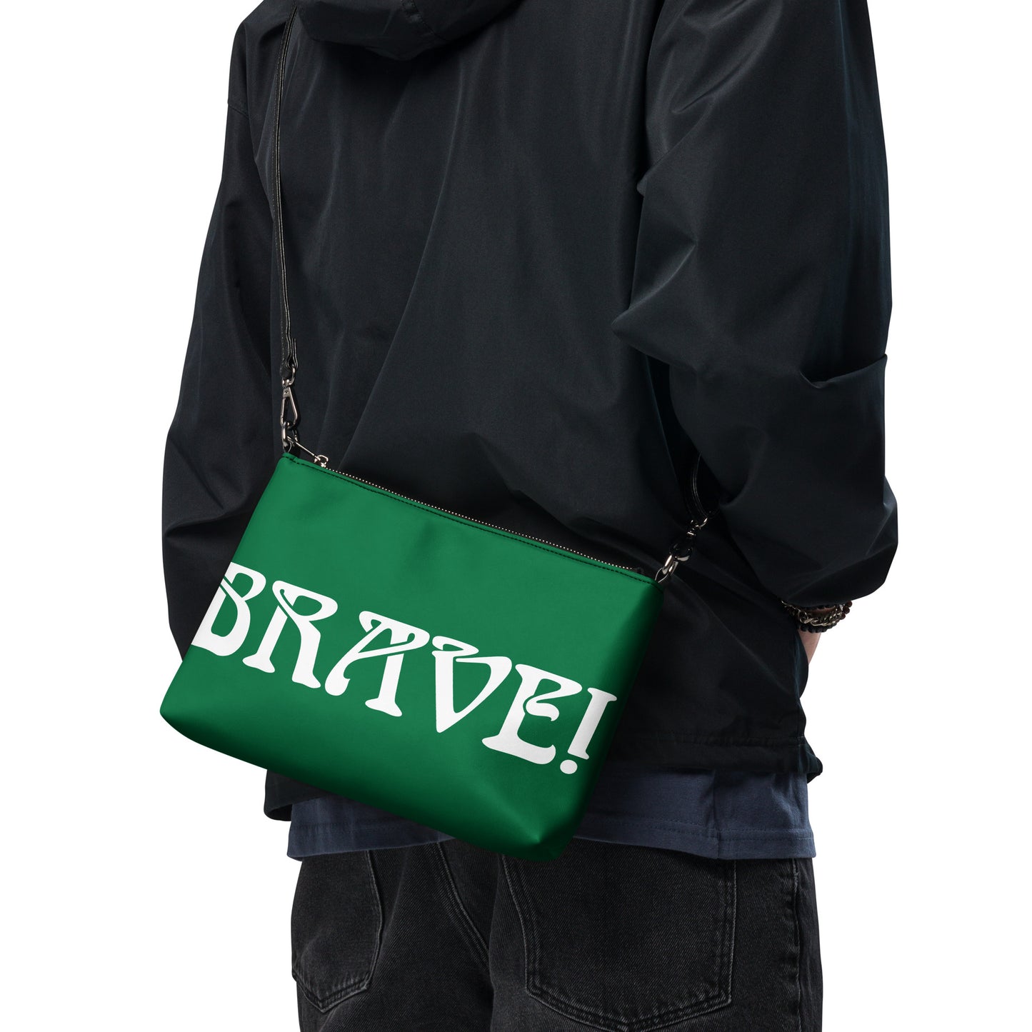 “BRAVE!”Green Crossbody Bag W/White Font