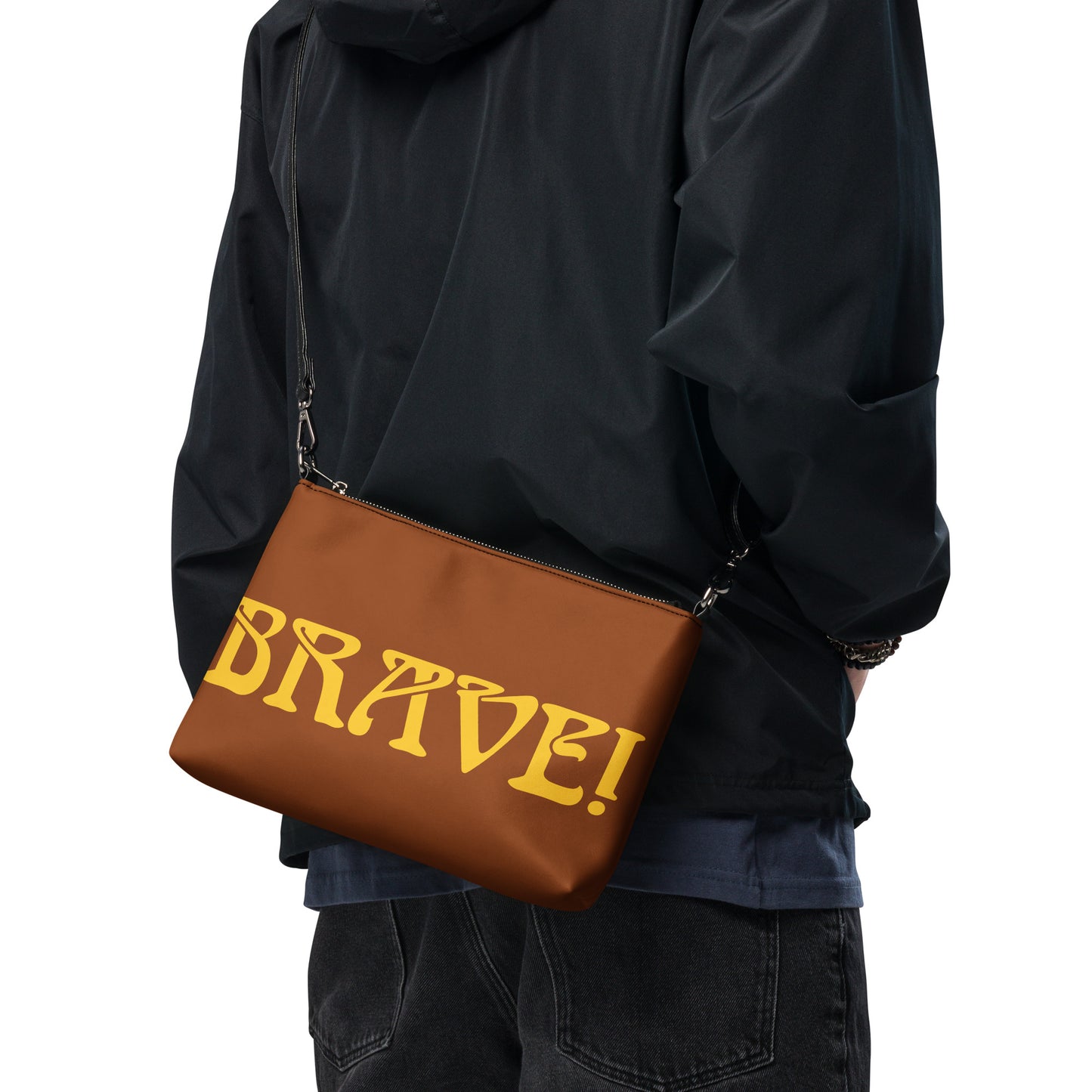 “BRAVE!”Brown Crossbody Bag W/Yellow Font