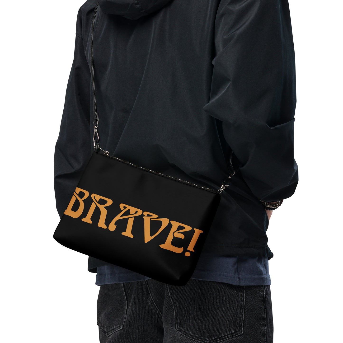 “BRAVE!”Black Crossbody Bag W/Bronze Font