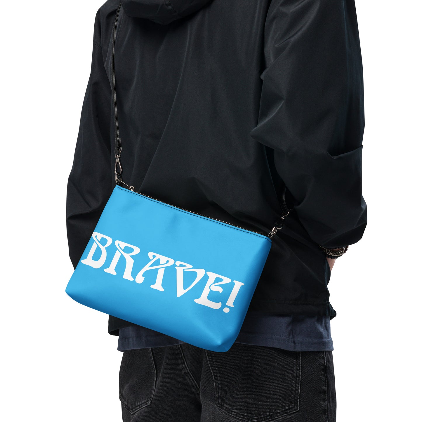 “BRAVE!”SkyBlue Crossbody Bag W/White Font