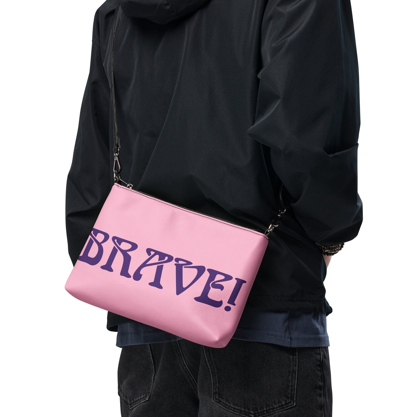 “BRAVE!”Cotton Candy Crossbody Bag W/Purple Font