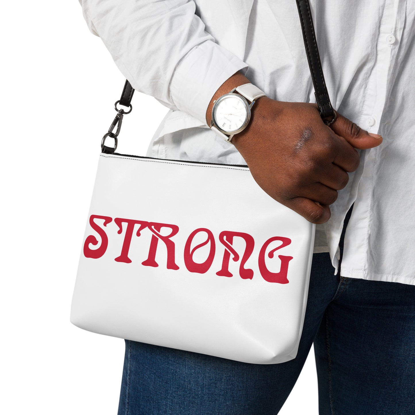 “STRONG”White Crossbody Bag W/Red Font