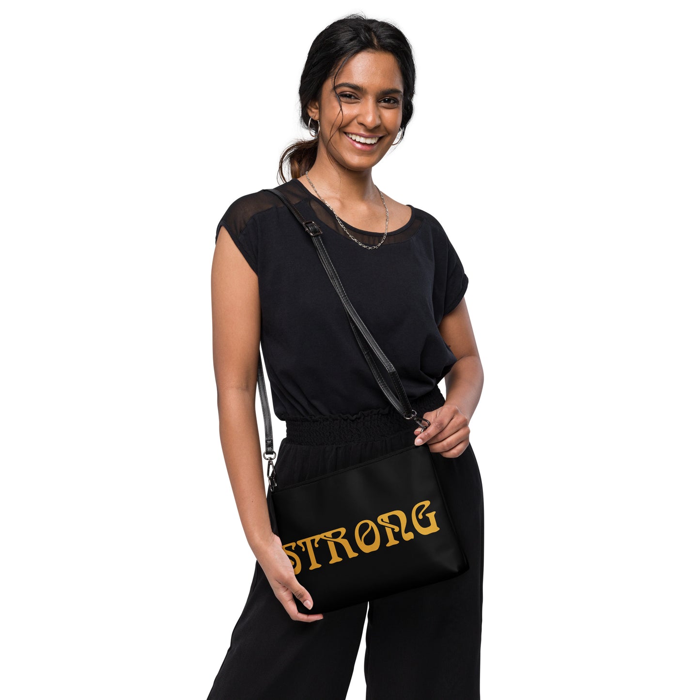 “STRONG”Black Crossbody Bag W/Bronze Font