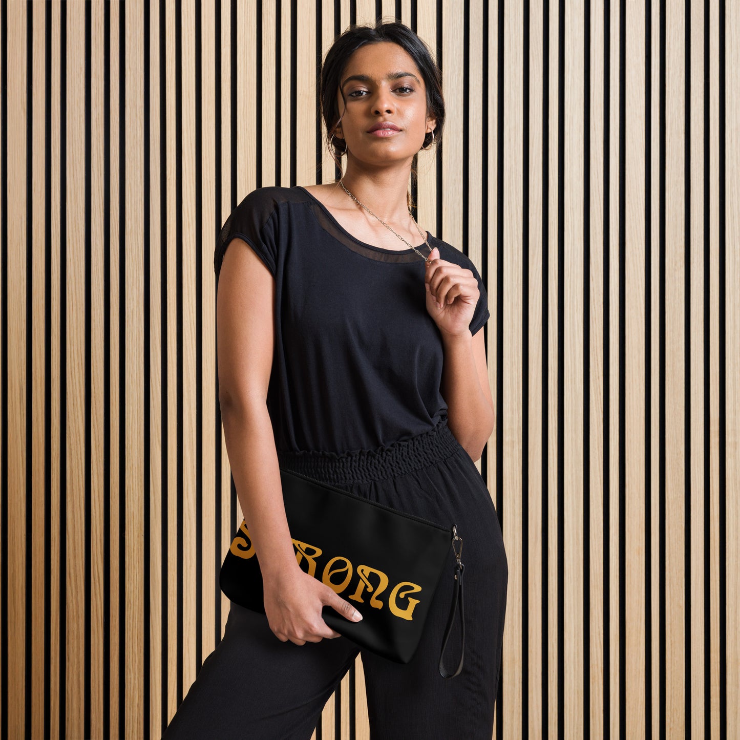 “STRONG”Black Crossbody Bag W/Bronze Font