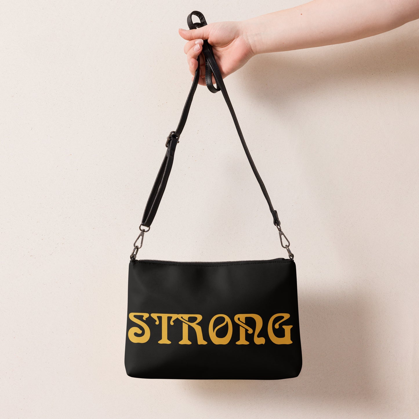 “STRONG”Black Crossbody Bag W/Bronze Font
