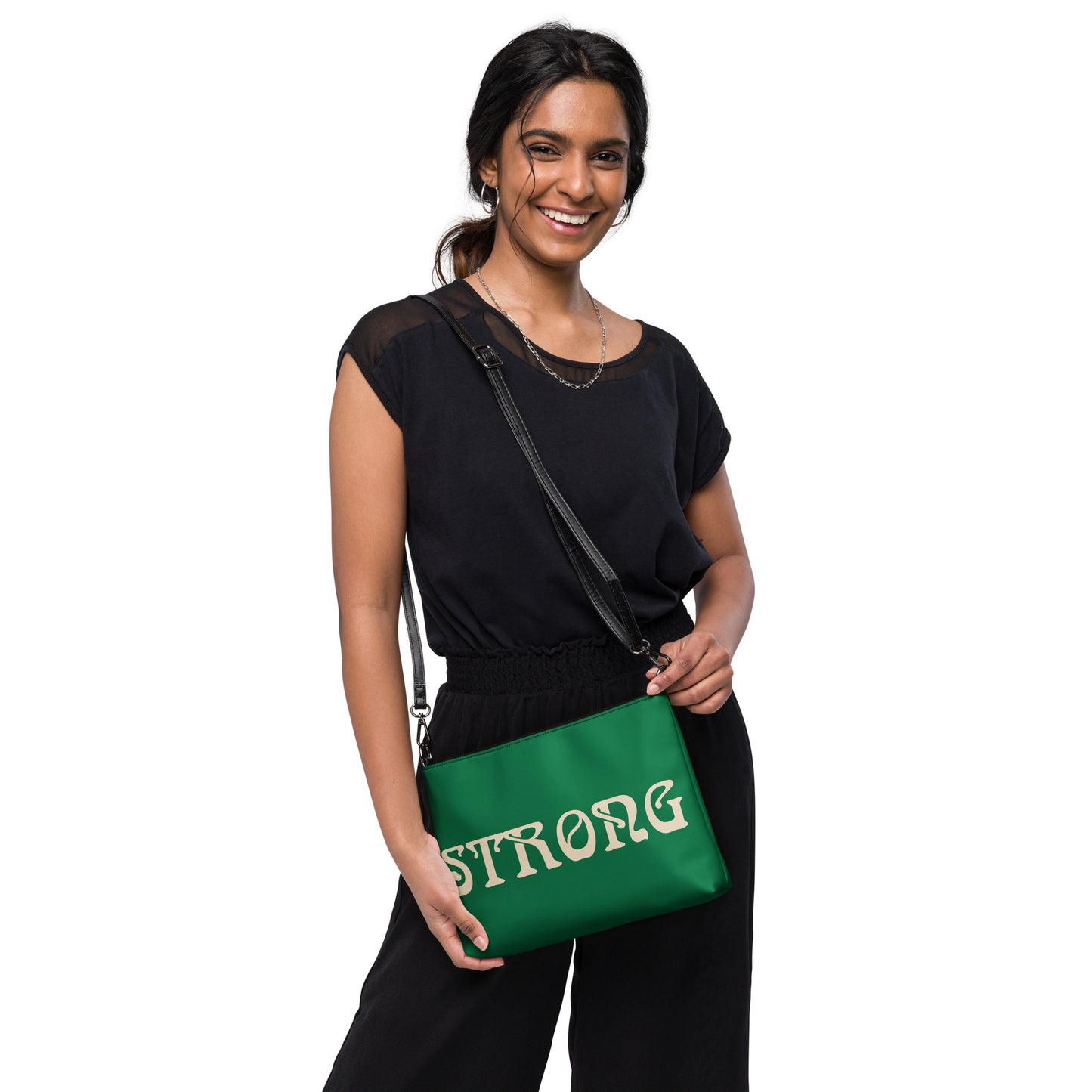 “STRONG”Green Crossbody Bag W/Champagne Font