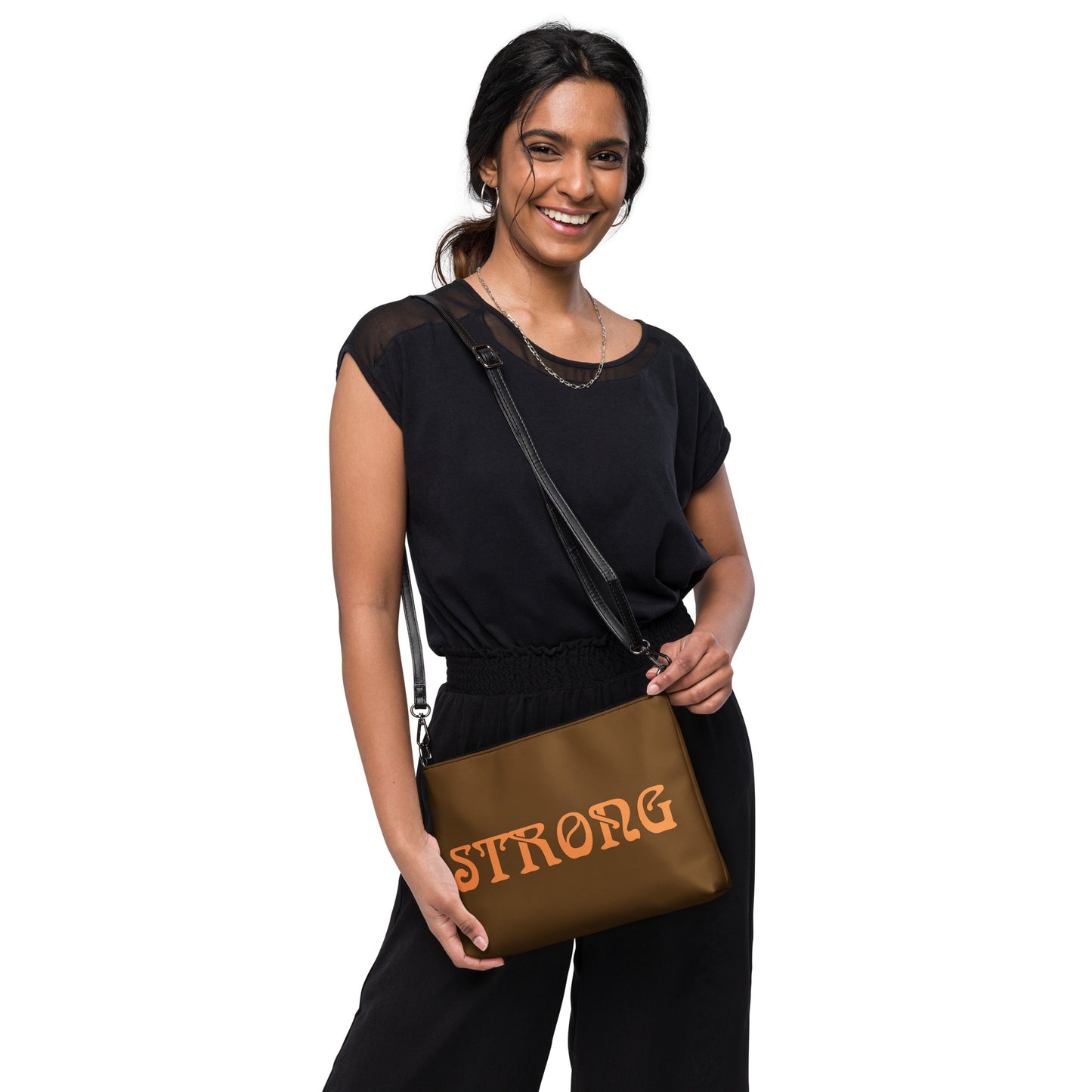 “STRONG”Brown Crossbody Bag W/Orange Font